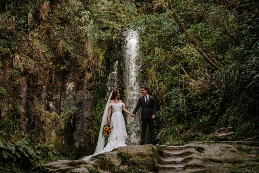 Wedding photos New Zealand elopement Bay of Plenty waterfall