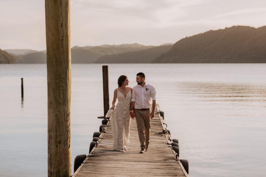 Lake Okataina wedding photos on pier