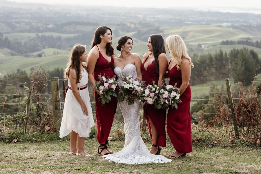 Wine bridesmaids in Evolution clothing dresses