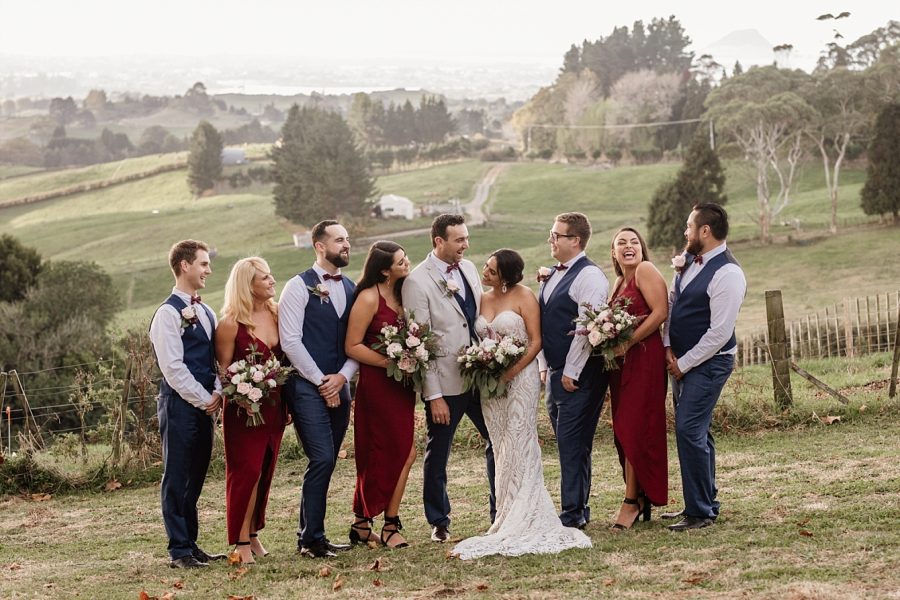 Bridal party with views of Mount Maunganui in the country