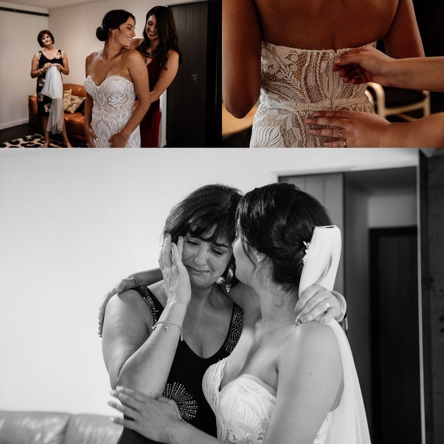Getting dressed in Jessica bridal gown and mother of the bride bonding moment with tears