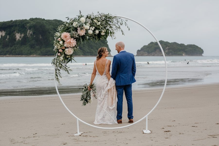 Wedding stand floral arrangement on beach