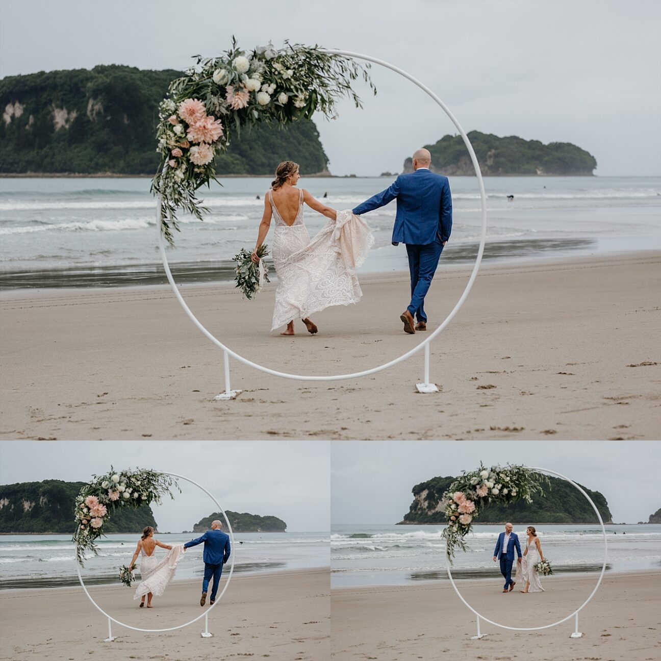 Bride and Groom Walking through the floral arrangement on Whangamata Beach