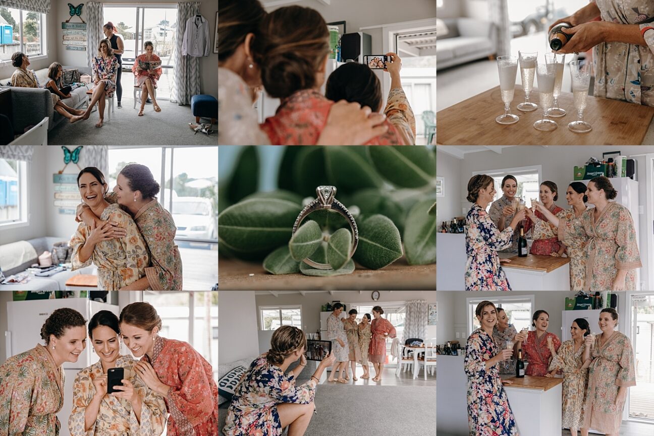 Engagement ring and girls getting ready opening champagne
