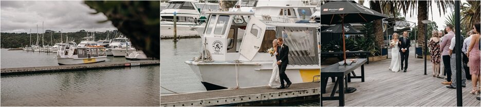 Father of the bride and bride getting off the Ferry at Whitianga