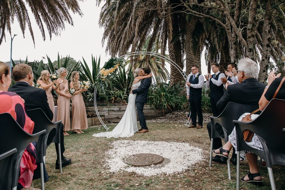 First kiss Salt bar wedding Coromandel