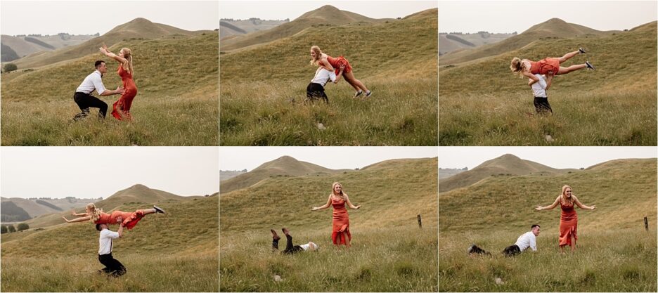 Rust bridesmaids dresses doing the dirty dancing lift