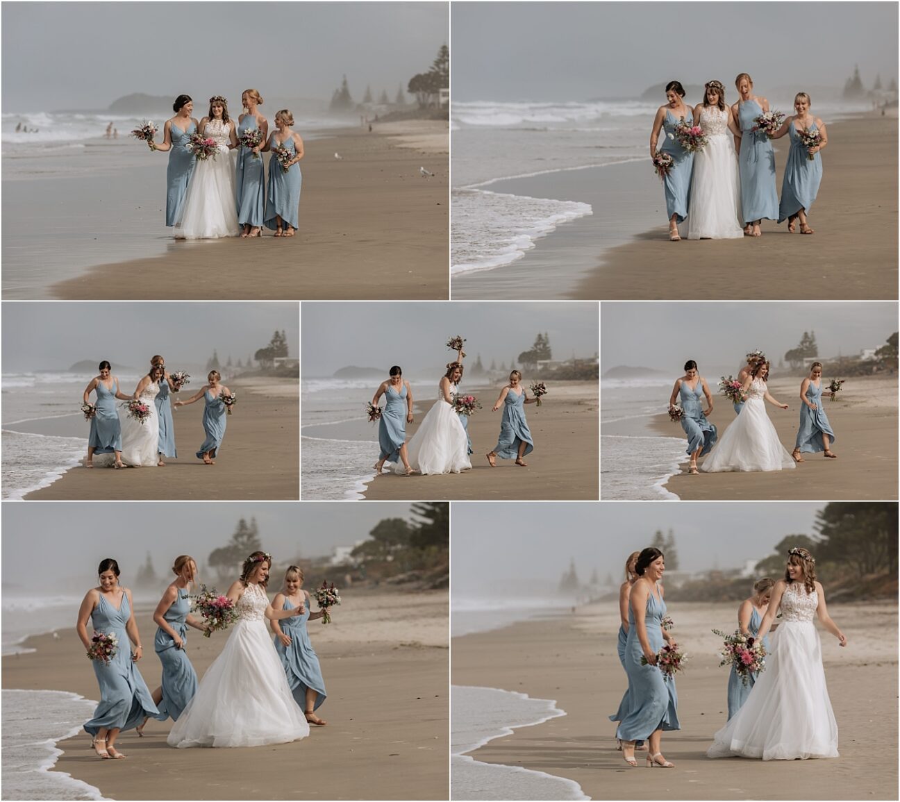 Bride with her bridesmaids walking on the beach
