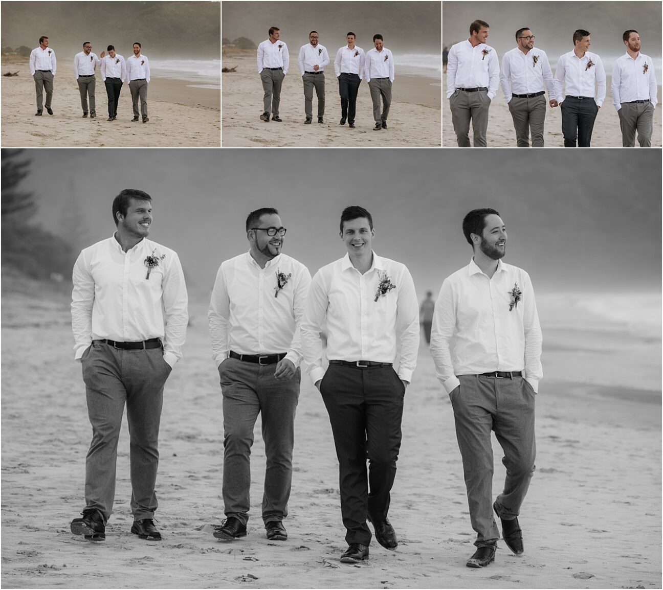 Groom with groomsmen on Waihi Beach
