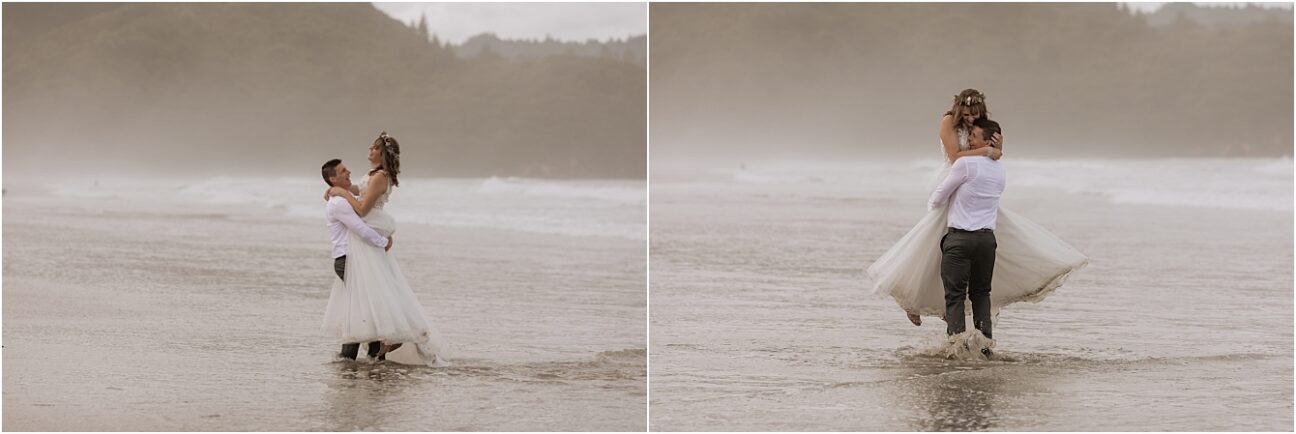 Having fun on Waihi beach during their wedding photography