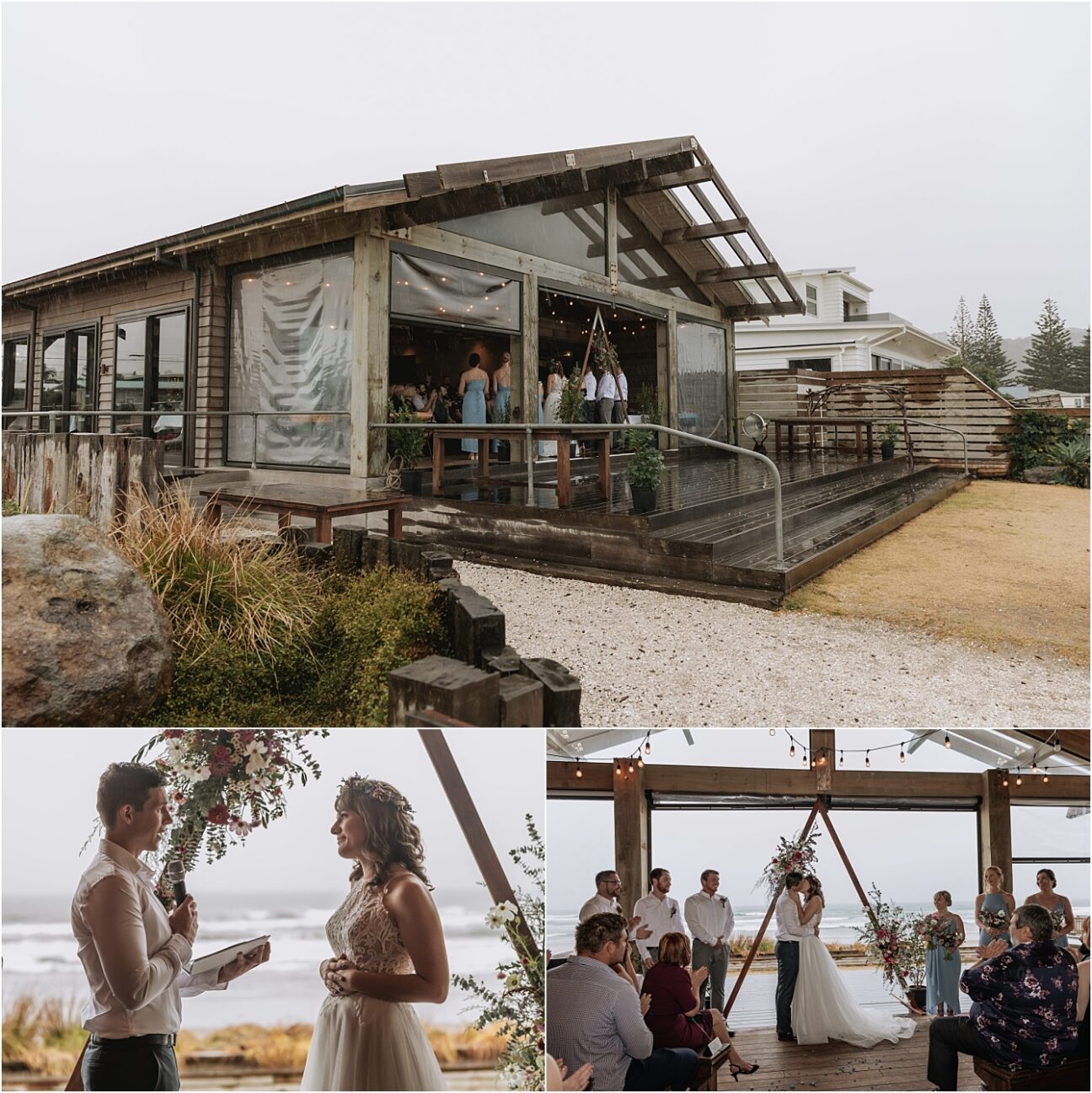 Wet weather wedding ceremony in progress