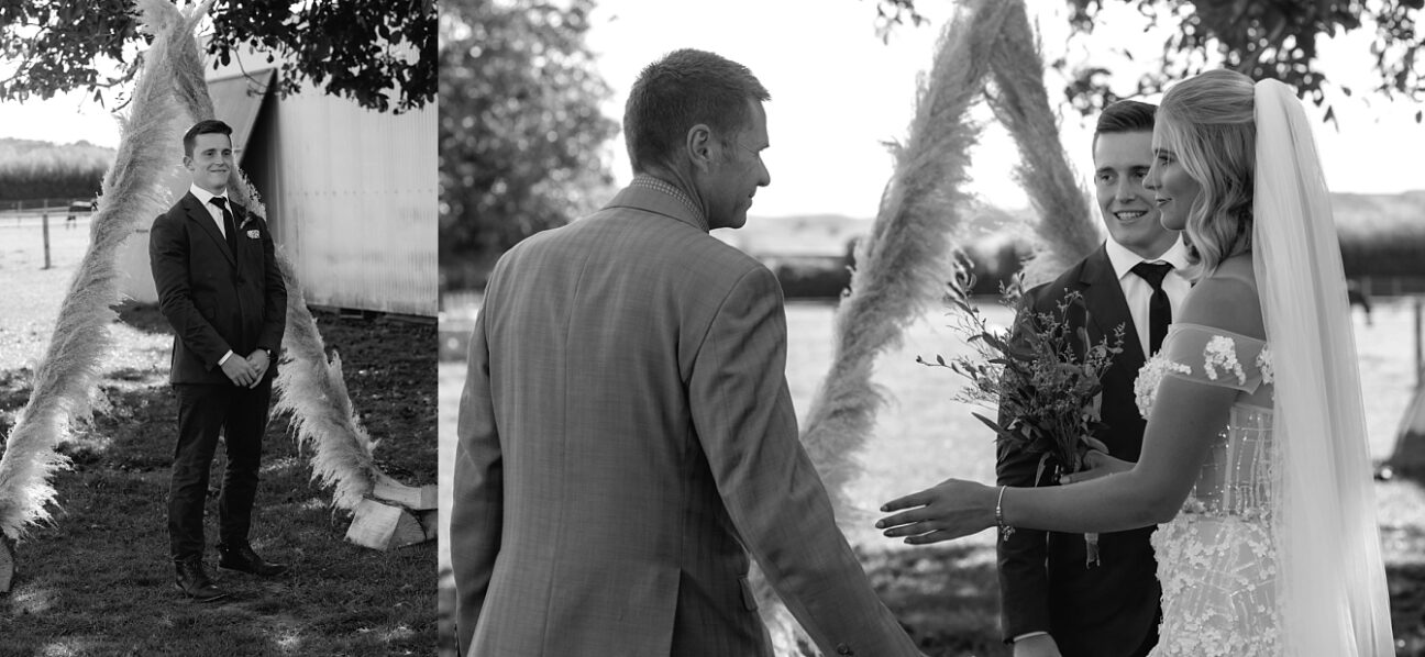 Father of bride gives her away to groom