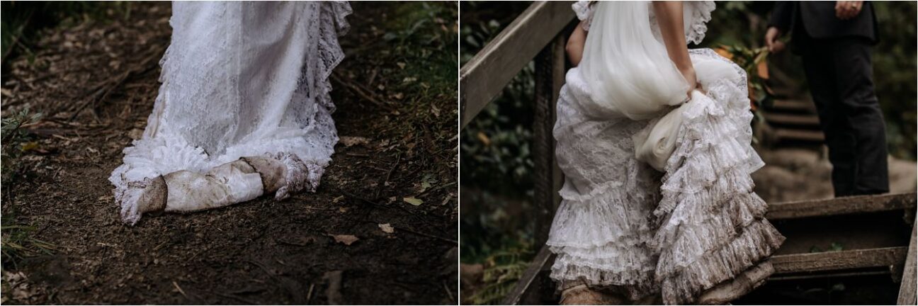 Bride climbing steps in her wedding dress