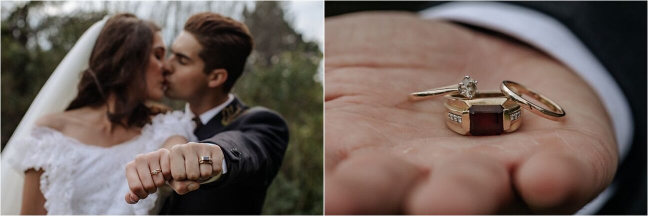 Wedding rings on hands and kissing