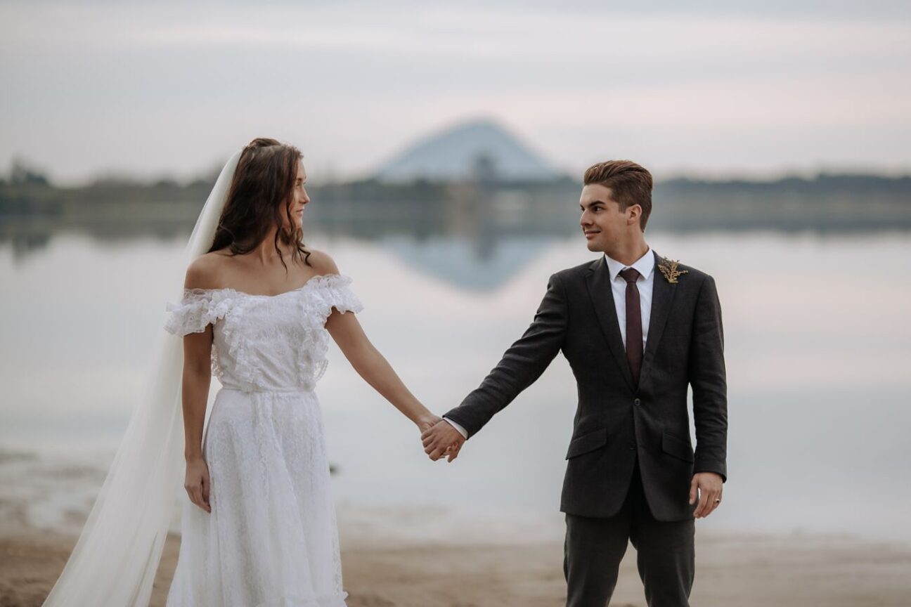 Welcome Bay estuary photo with wedding couple