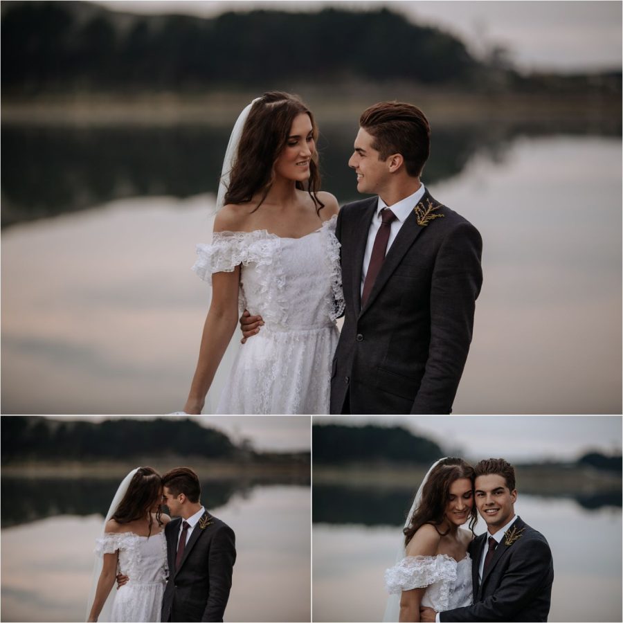 Fun connected moments between bride and groom by the water at dusk