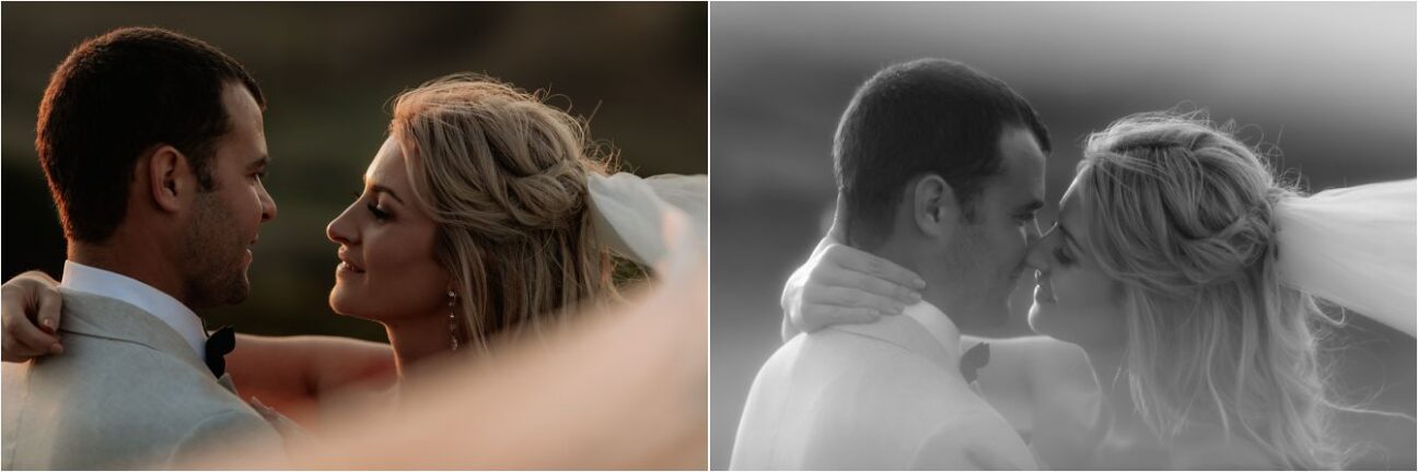 Bride and groom cuddling under the veil