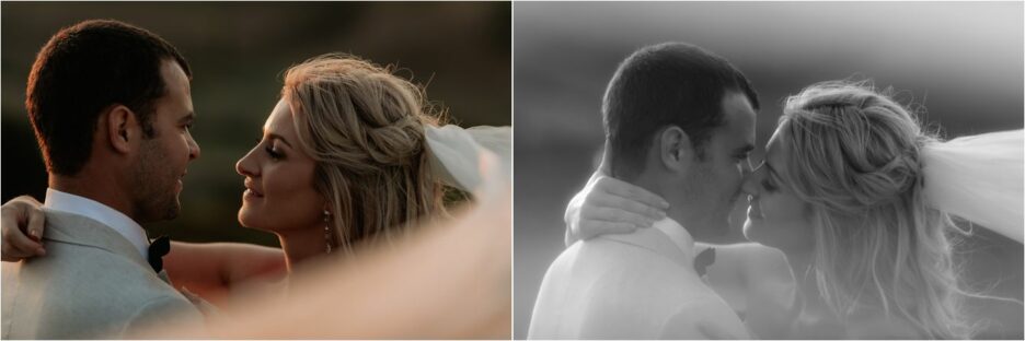 Bride and groom cuddling under the veil