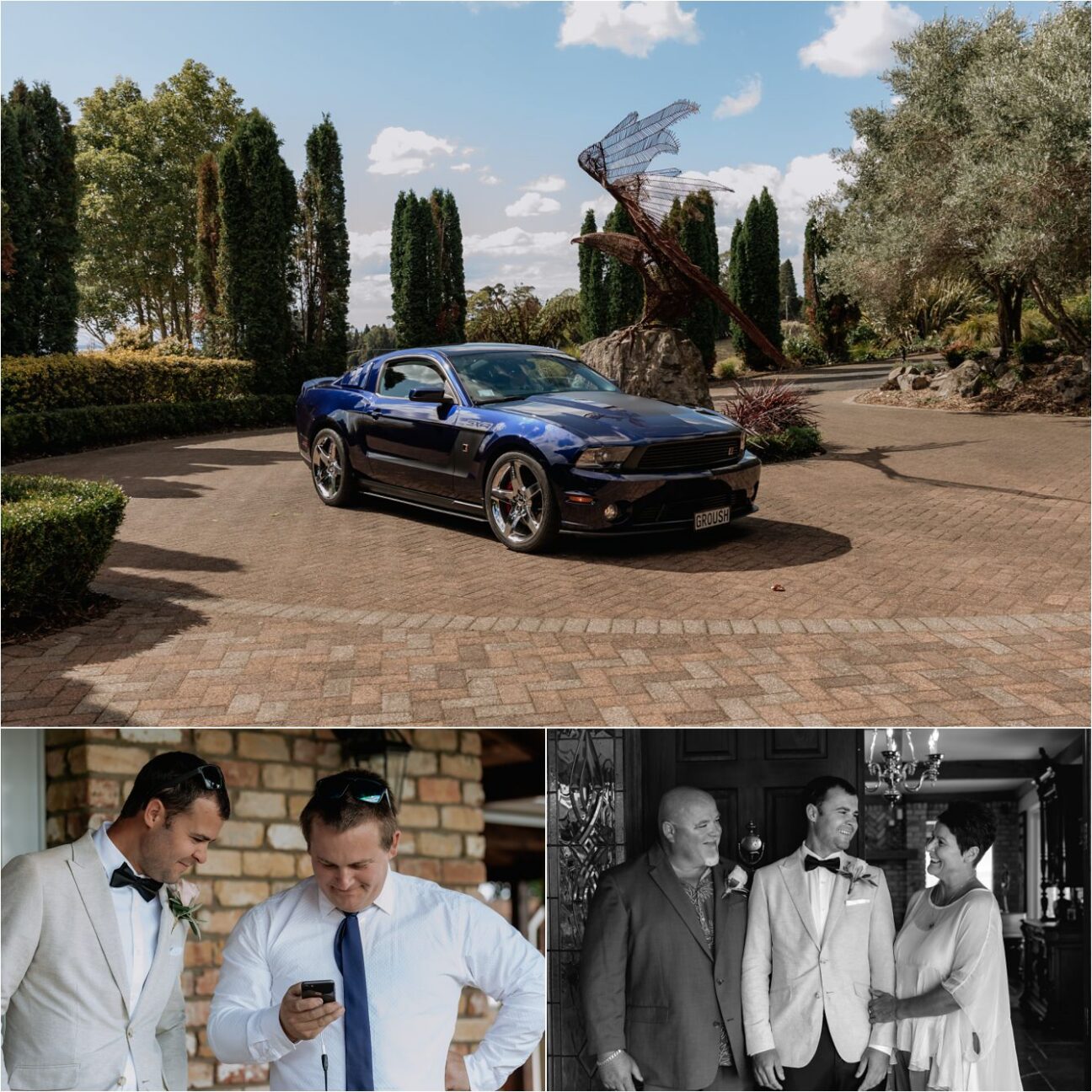 Wedding car arrival, groom with family