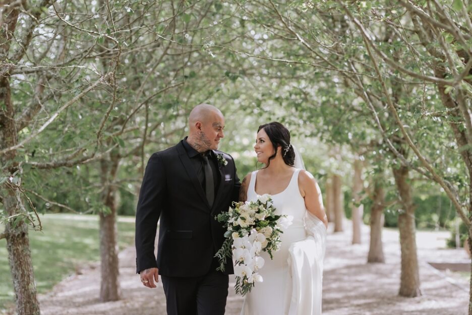 Happy couple in the pear trees