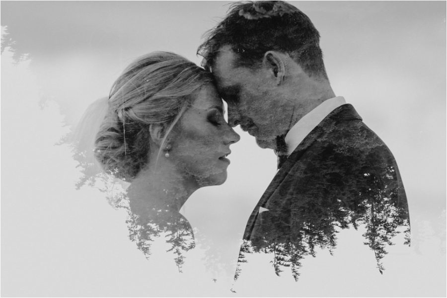 Double exposure of bridal couple during their elopement session photos Black and white photo