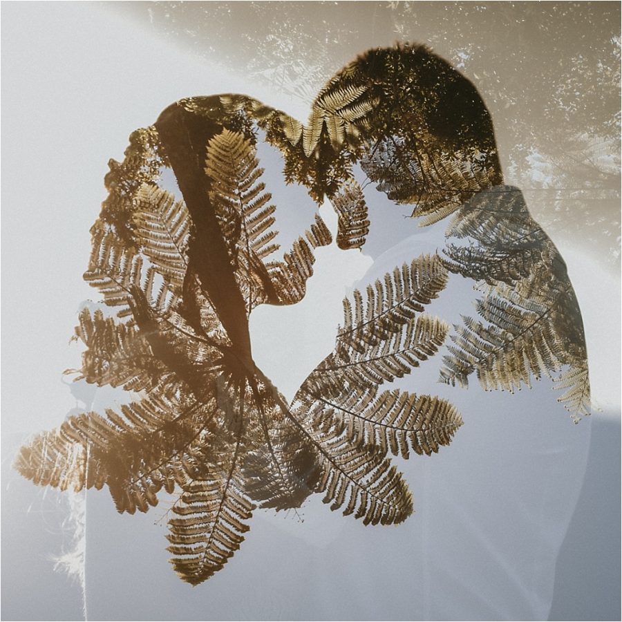 Double exposure with bride and groom and trees