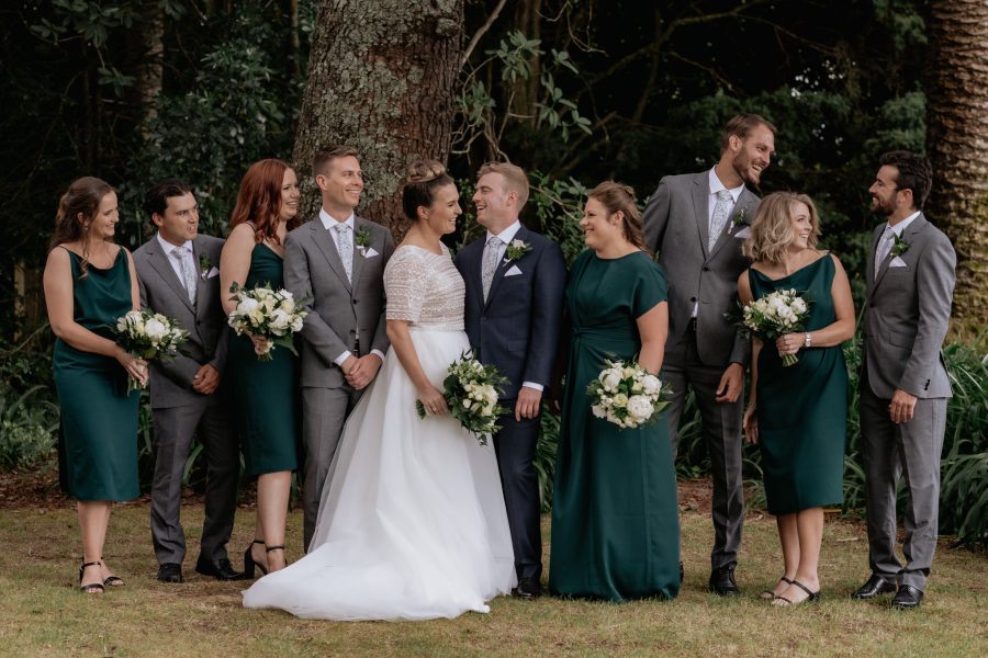 Bridal party in forest green and grey