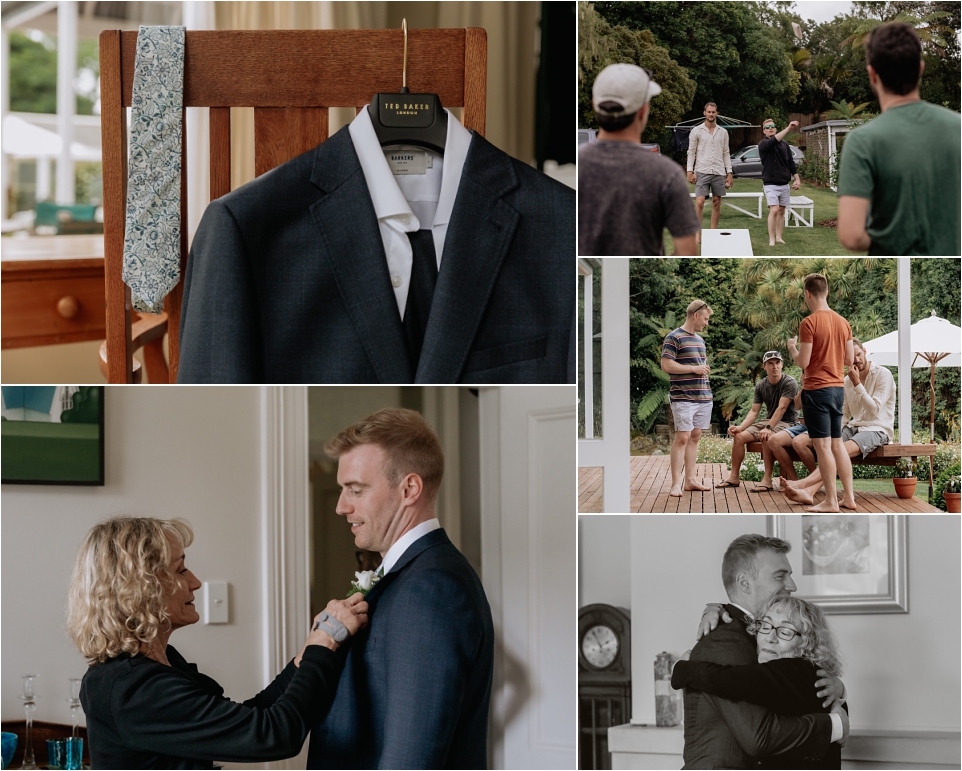Grooms suit and tie and groomsmen and mother of Groom hugging son