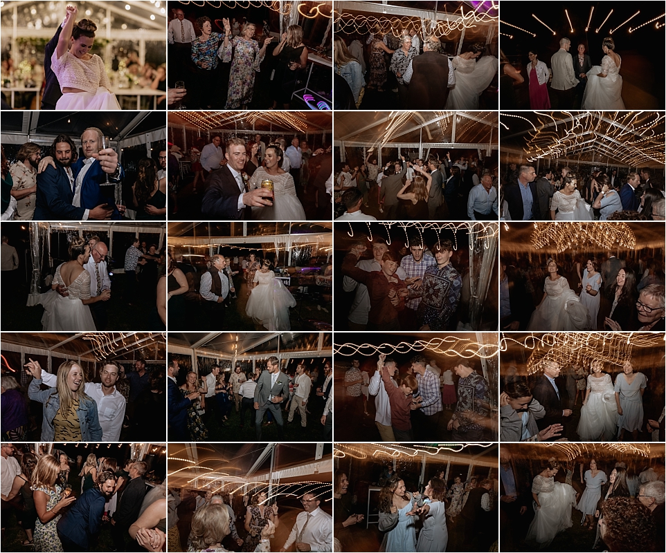 Wedding party and guests dancing to dance music
