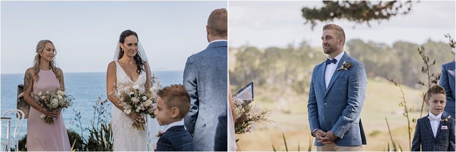 Bride and groom in ceremony at Orua Beach house