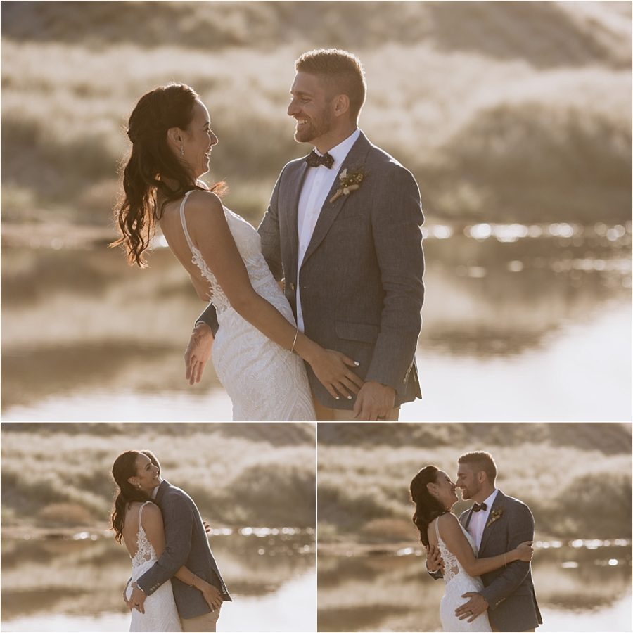 Photographer captures candid moments of bride and groom at orua beach house during golden light