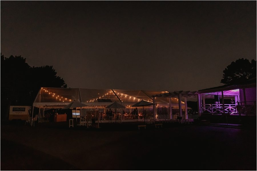 Evening shot of marquee at Hot Water beach wedding Hahei