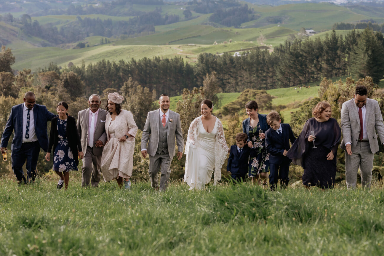 Laughing guests walking together