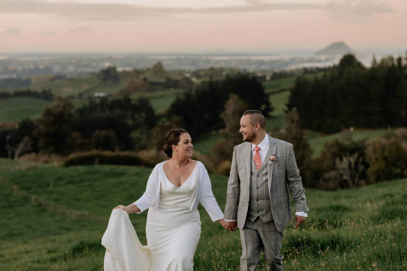 Sunset walk with bride and groom