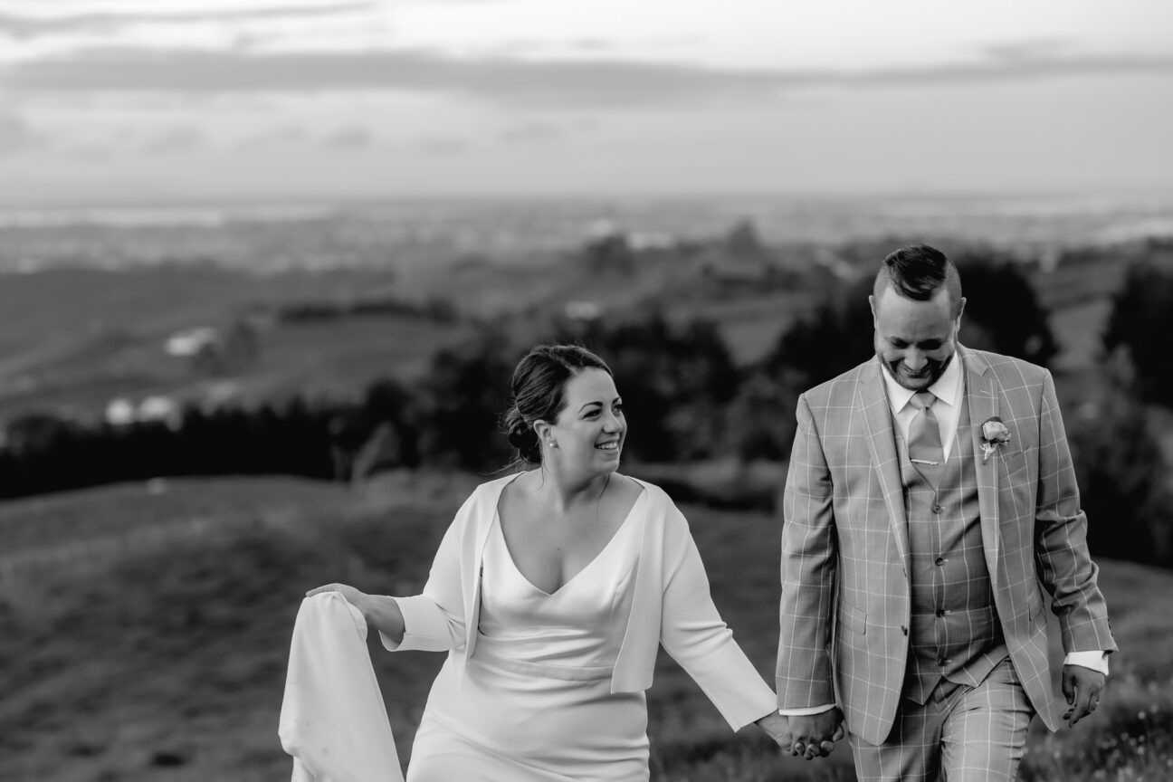 Bridal couple walking in the country views