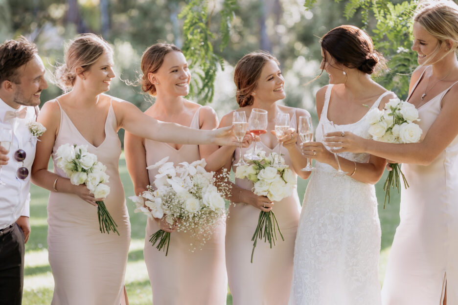 congratulations cheers with pink bridesmaids
