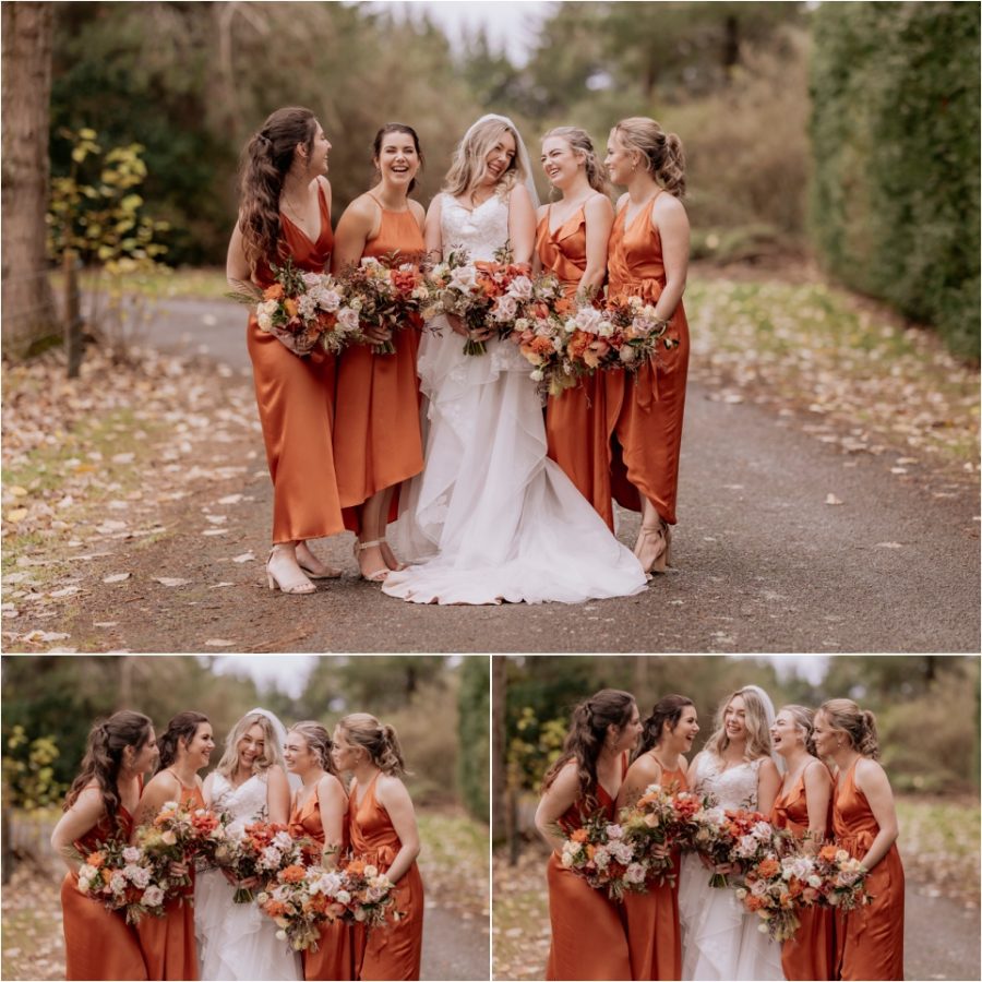 Bride and rust bridesmaids Autumn colours