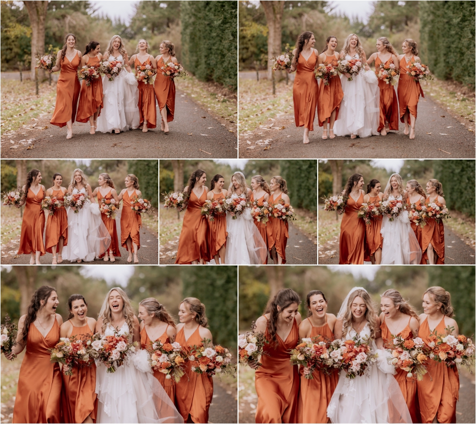 Happy bridesmaids with bride laughing