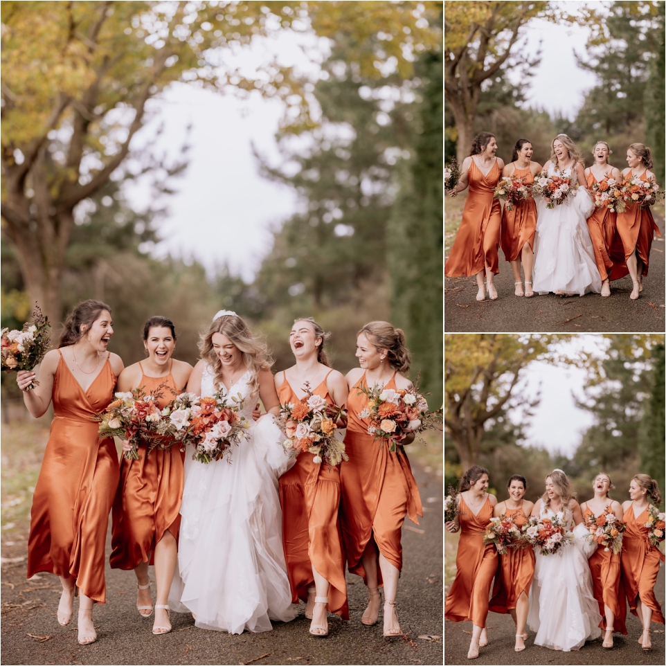 Makoura Lodge driveway with happy bridesmaids Autumn colours