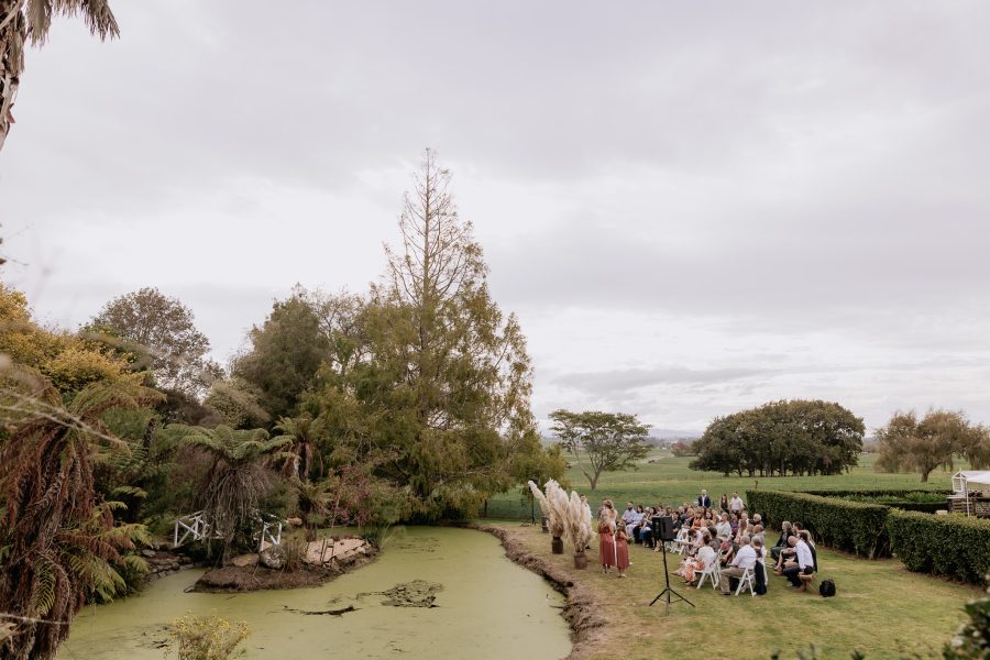 Waikato farm wedding scene with pond
