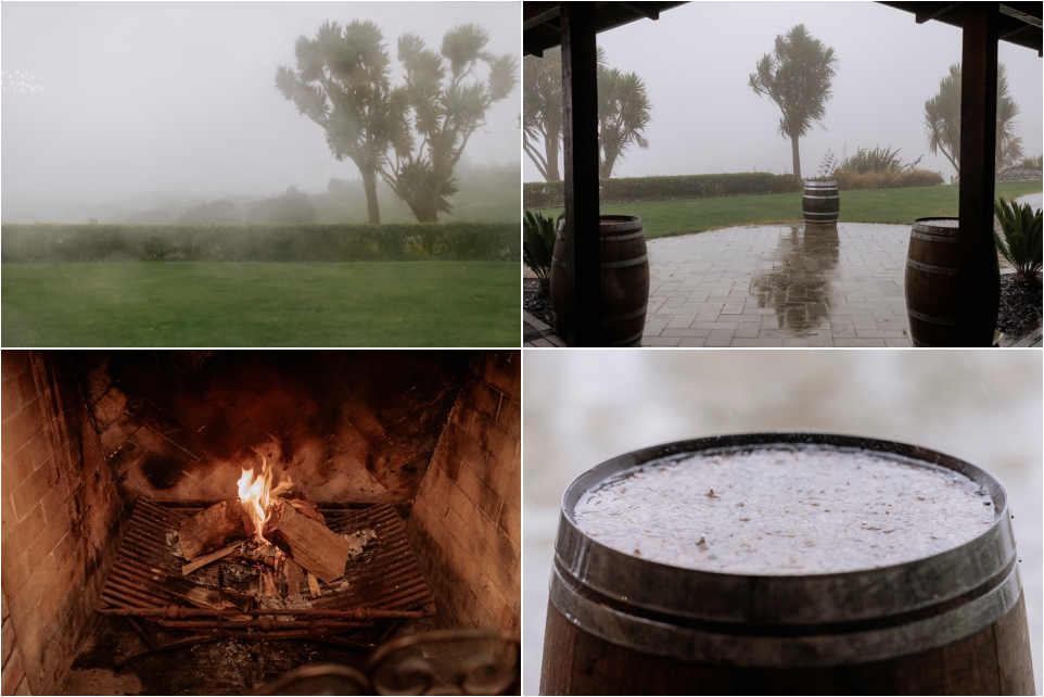 Winter rainy wedding day photos of fireplace and puddles