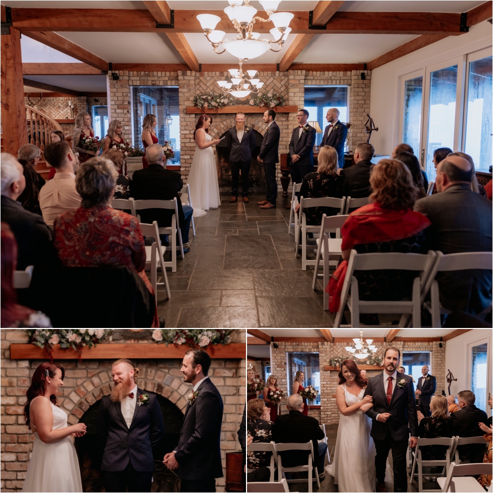 Winter inside wedding ceremony in front of fireplace