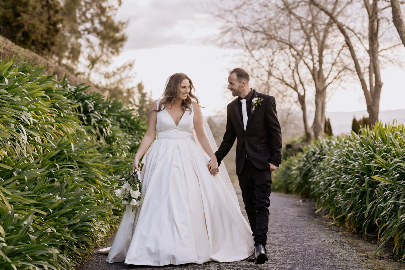 wedding couple walking together