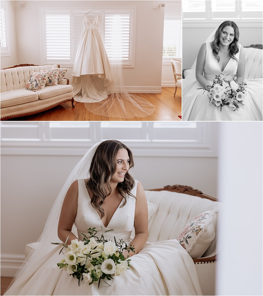 Bride before wedding and dress hanging