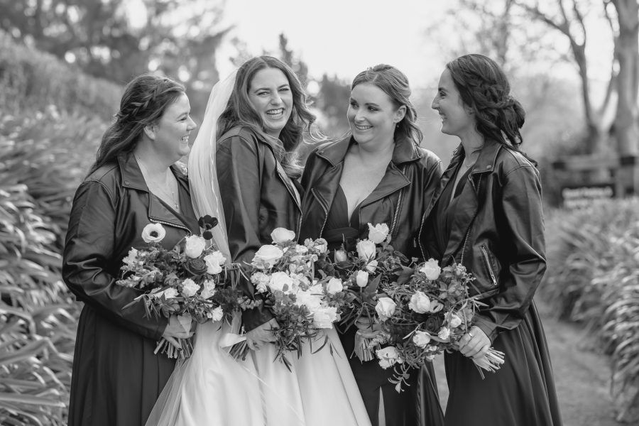Bride and bridesmaids in leather jackets