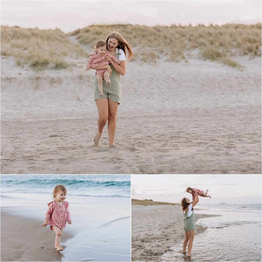 Playing with young child laughing on Papamoa beach