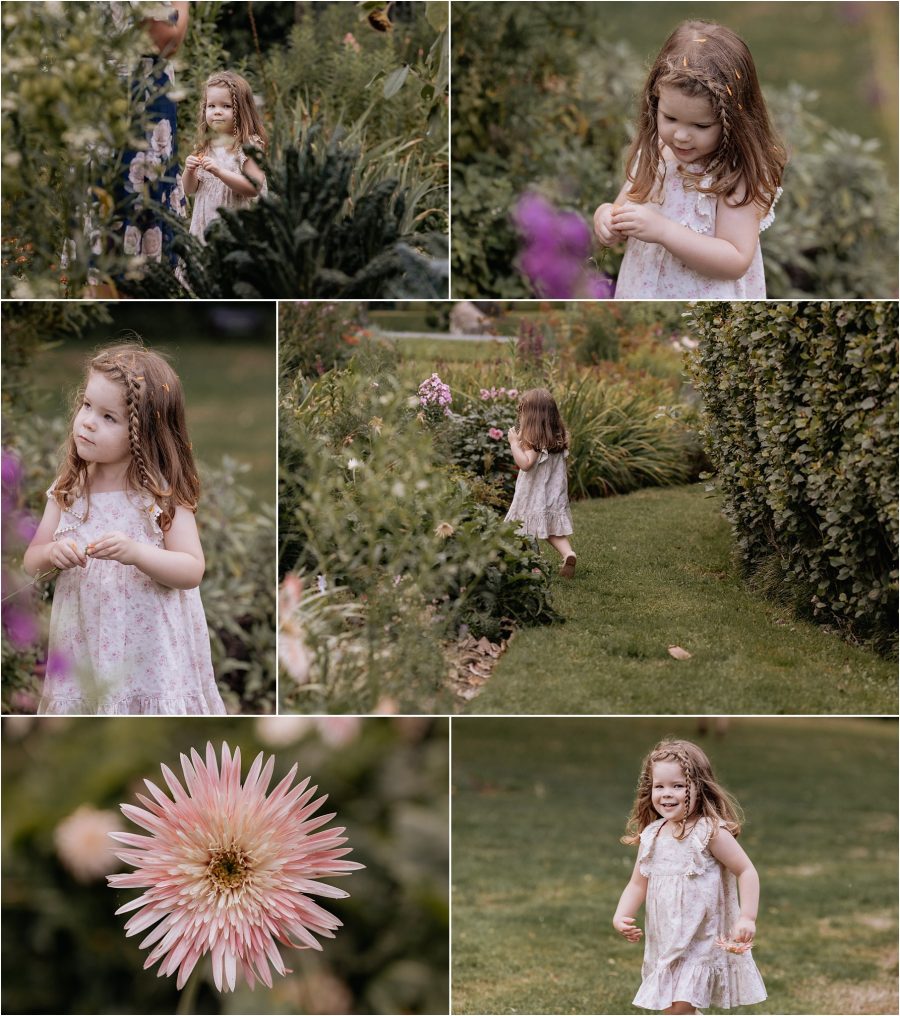 Little girl runs around gardens at the tree church Ohaupo