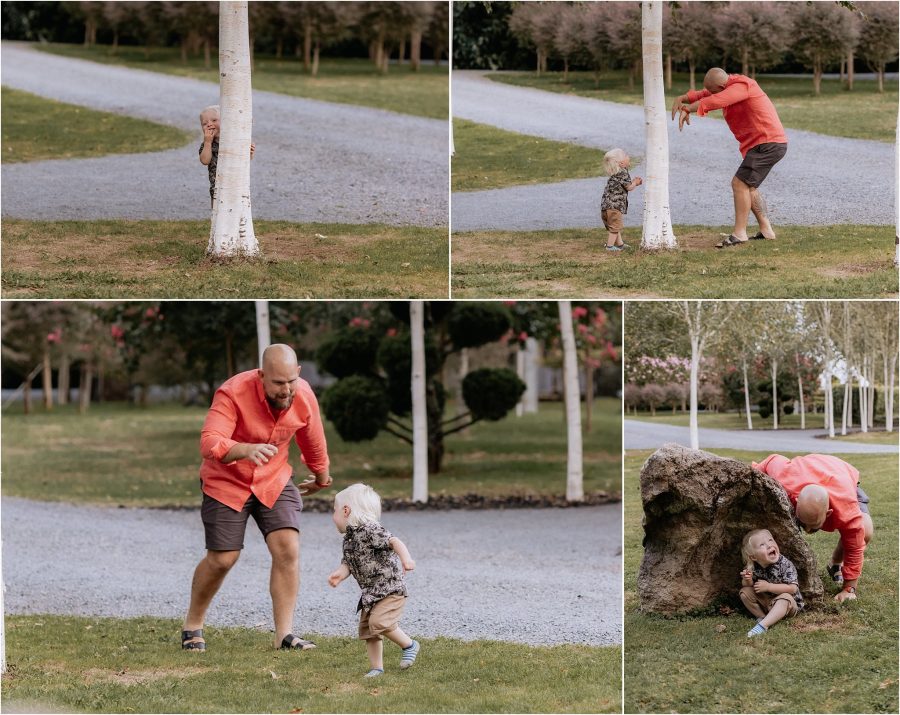 Dads playing with child at the tree church gardens