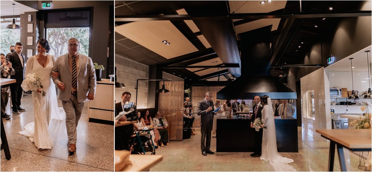 Father and bride walk into wedding ceremony Fife lane kitchen and bar