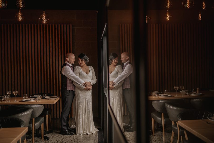 Bride and groom at Fife lane kitchen and bar